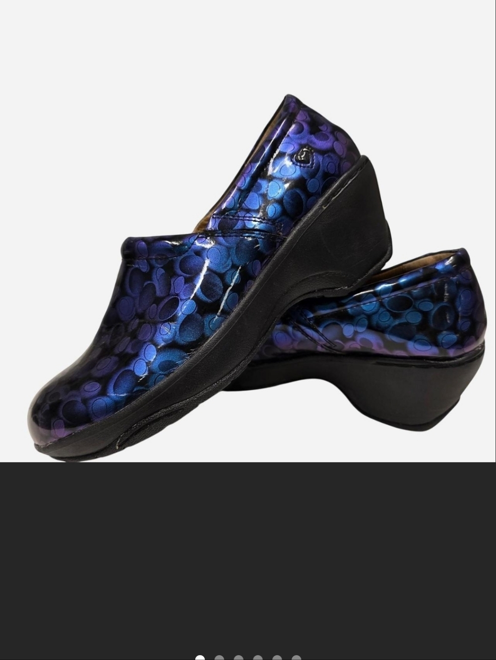 Nurse Mates Iridescent Blue and Purple Patterned Clogs, Hi-shine.